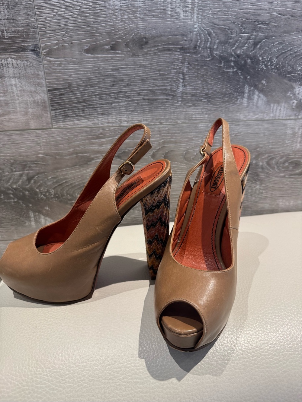 Missoni Tan Leather Peep-Toe Slingback Heels Size 39